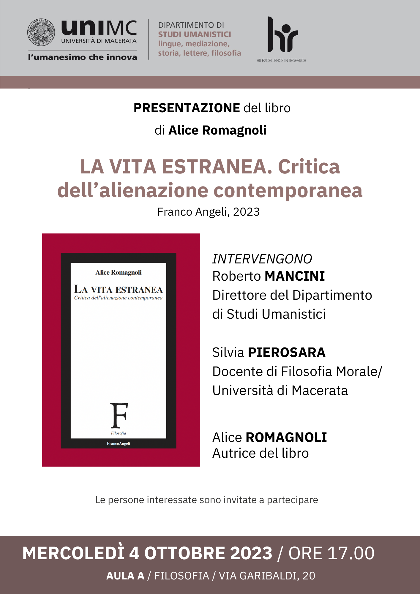 Presentazione del volume di A. Romagnoli, La vita estranea