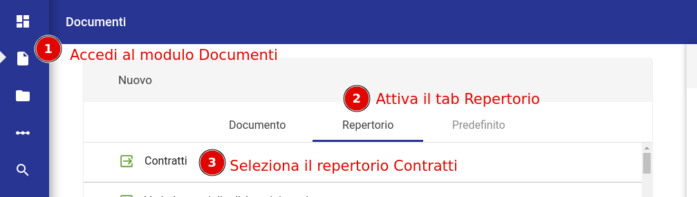 Accesso modulo Documenti, tab Repertiorio, selezione repertorio contratti