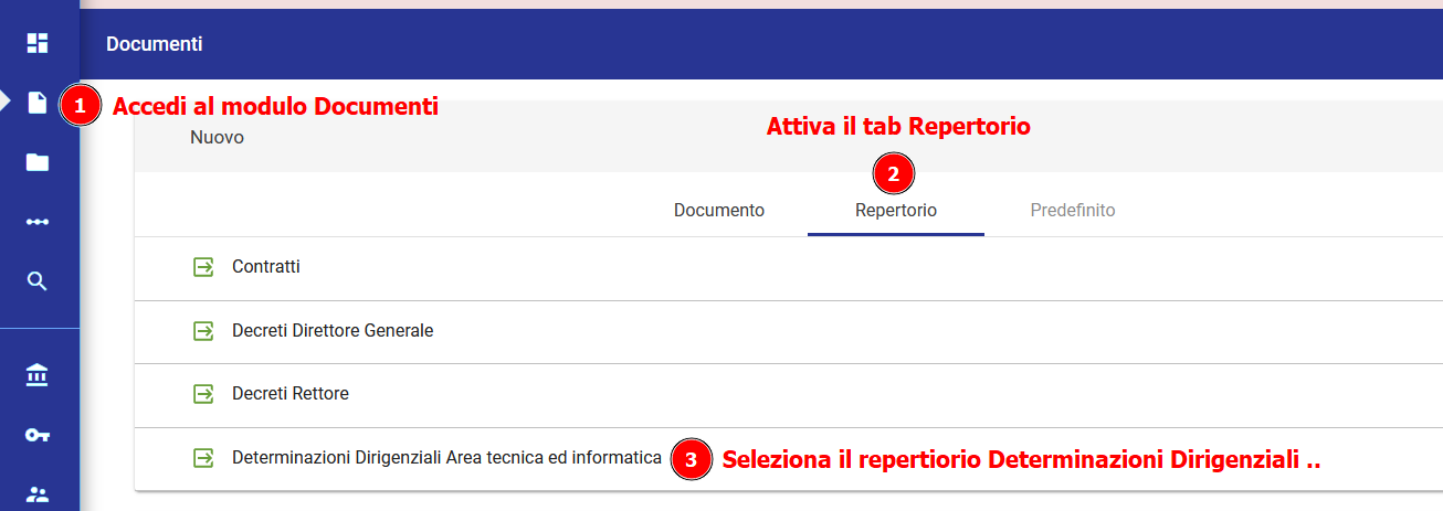 Registrazione all'interno del repertorio Determinazioni Dirigenziali Area tecnica ed informatica