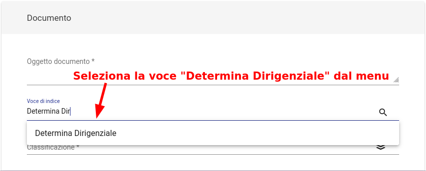 Inserimento voce di indice Determina Dirigenziale