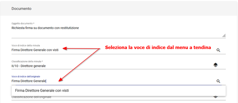 Titulus 5: registrazione tra uffici, selezione voce di indice