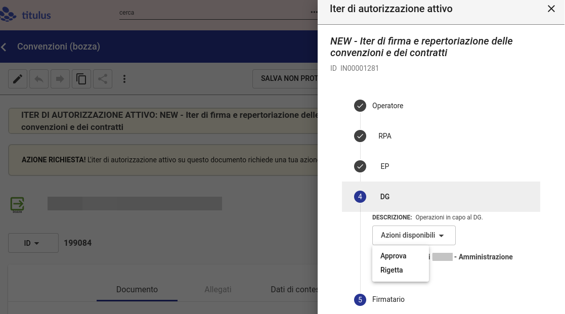 Titulus 5: iter convenzini e contratti, azioni DG widget