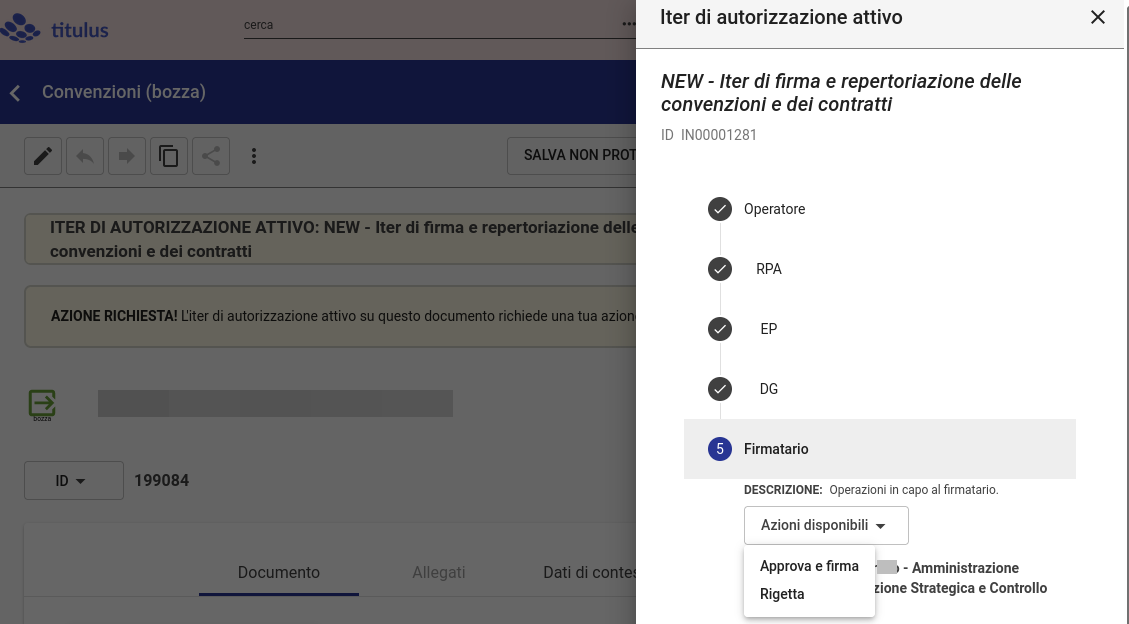 Titulus 5: iter convenzini e contratti, azioni Firmatario widget