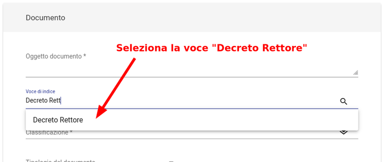 Decreto Rettore: seleziona voce d'indice